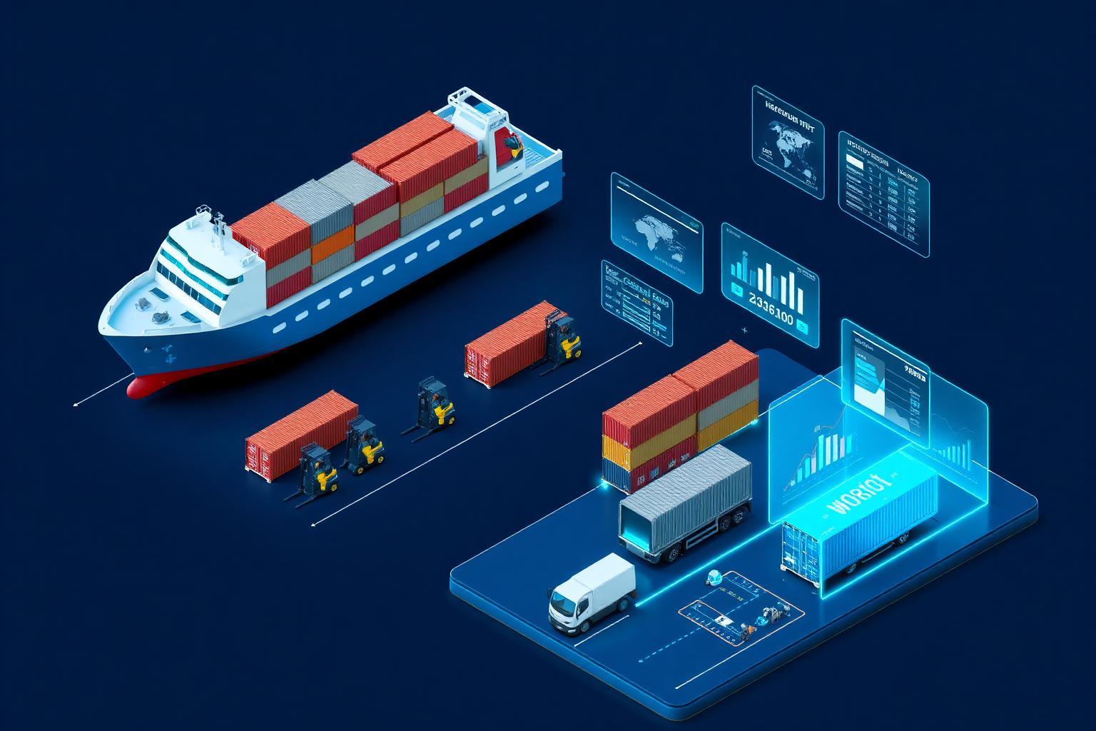 Logistics command center with cargo ship, containers, and AI dashboards